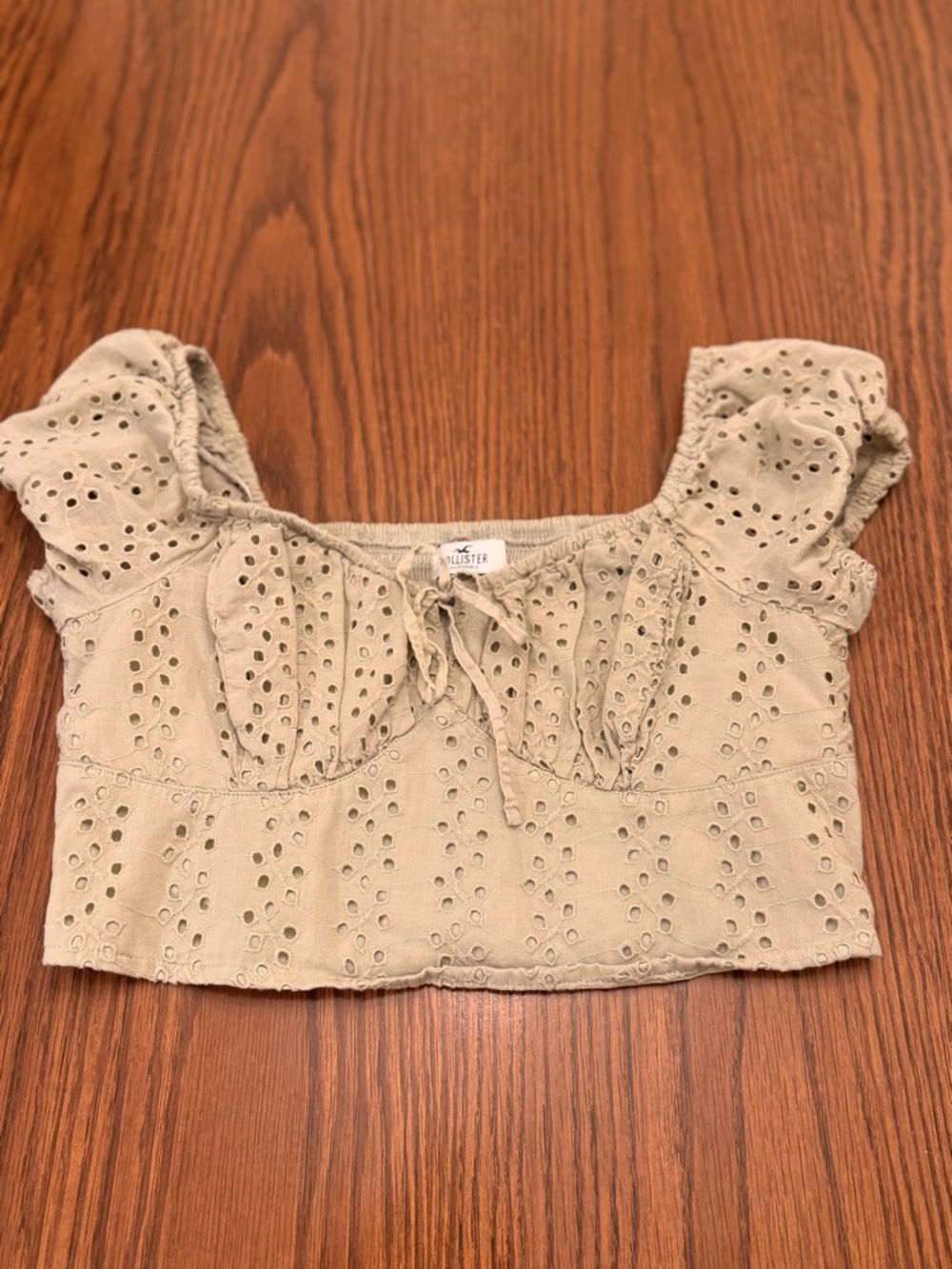 Hollister green/taupe Eyelet Tie-Front Crop Top